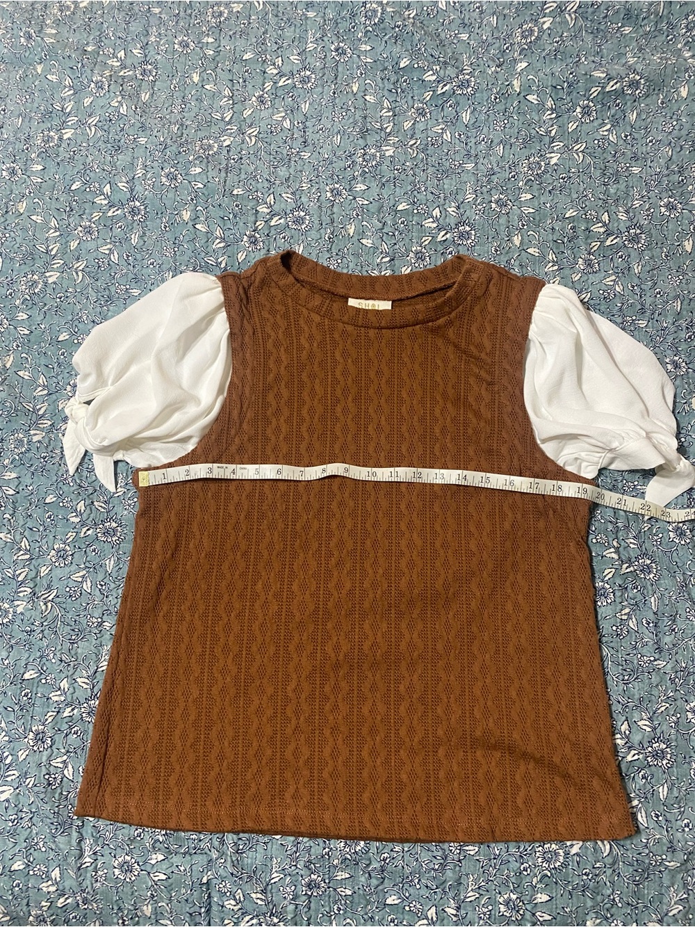 Brown Knit Shell Top with White Puff Sleeves
